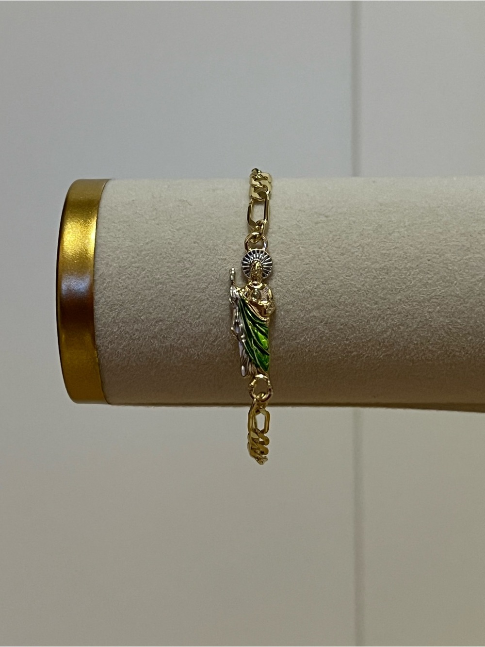 Gold-Tone Saint Charm Bracelet with Green Enamel